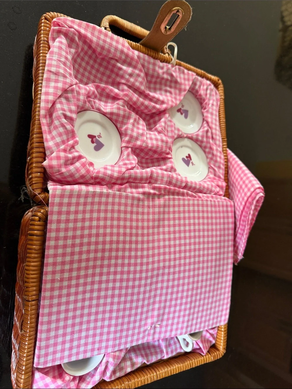 Children's Pink Gingham Picnic Tea Set with Cutlery, Plates, Cups And Linens